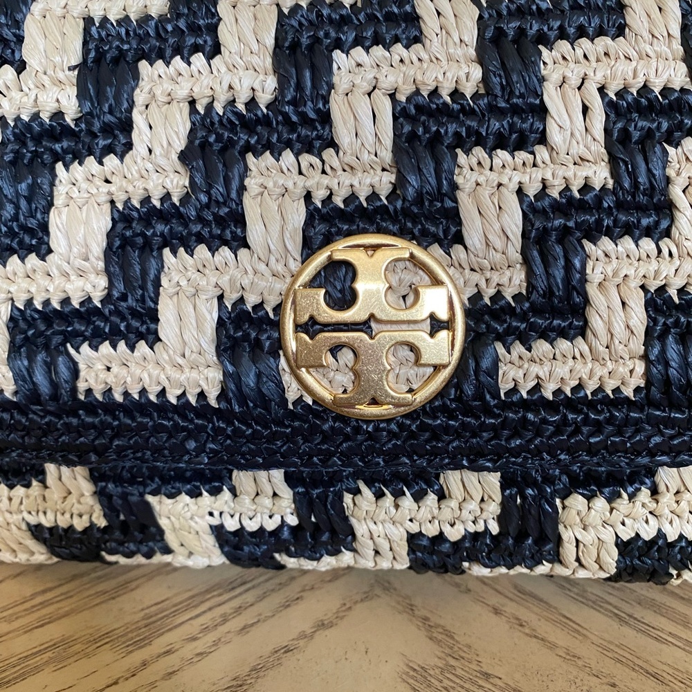 Tory Burch Willa Straw Small Shoulder Bag Black & Pale Khaki - Picture 7 of 14